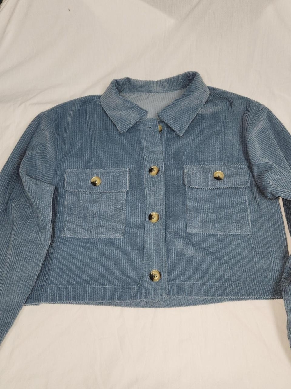 Cropped Blue Corduroy Button-Front Jacket